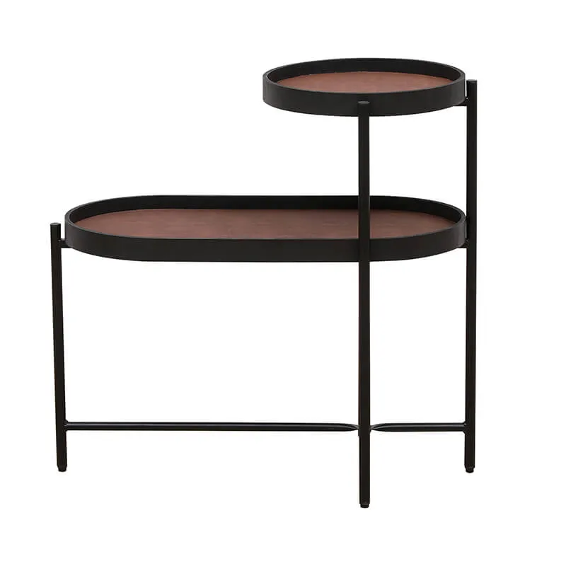 29.2" Modern 2-Tier Brown Black Metal Frame Side Table with Wood & PU Tray