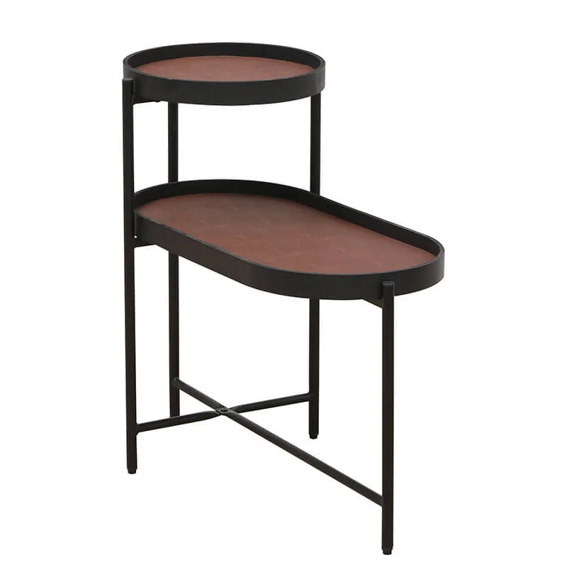 29.2" Modern 2-Tier Brown Black Metal Frame Side Table with Wood & PU Tray