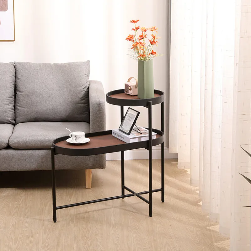 29.2" Modern 2-Tier Brown Black Metal Frame Side Table with Wood & PU Tray