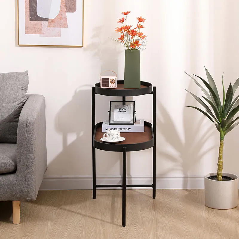 29.2" Modern 2-Tier Brown Black Metal Frame Side Table with Wood & PU Tray