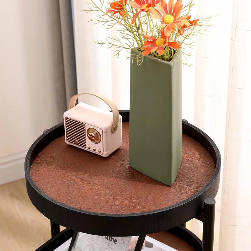29.2" Modern 2-Tier Brown Black Metal Frame Side Table with Wood & PU Tray