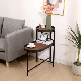 29.2" Modern 2-Tier Brown Black Metal Frame Side Table with Wood & PU Tray