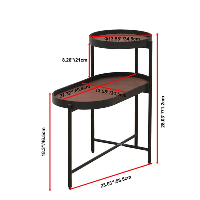 29.2" Modern 2-Tier Brown Black Metal Frame Side Table with Wood & PU Tray