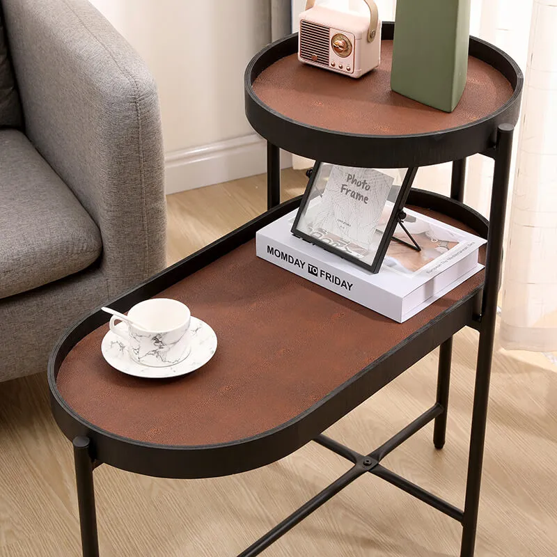 29.2" Modern 2-Tier Brown Black Metal Frame Side Table with Wood & PU Tray