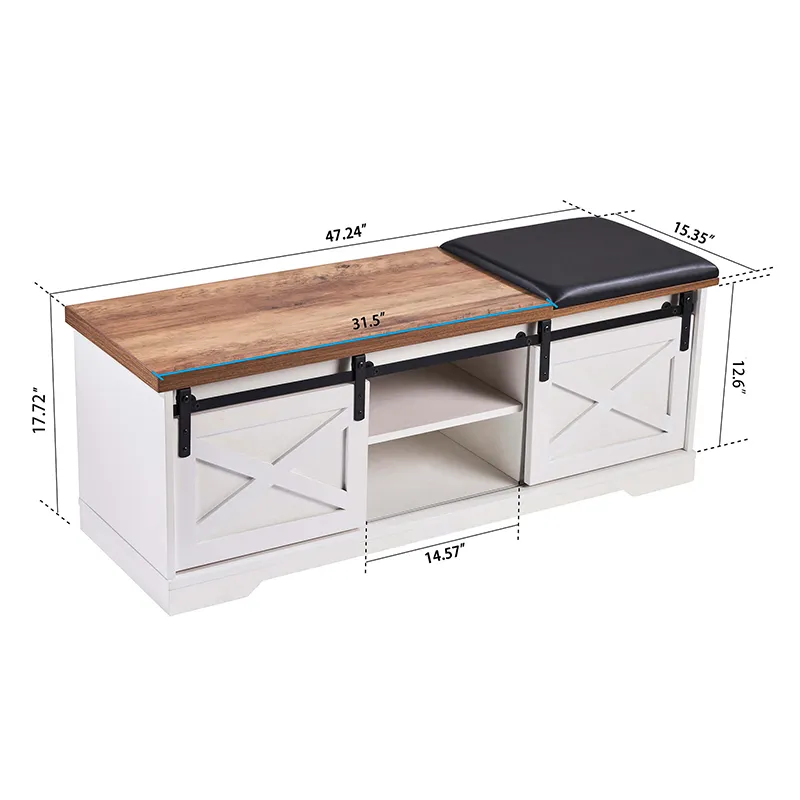 47" Modern Farmhouse Sliding Shoe Bench with Entry Cutout, Barn Door