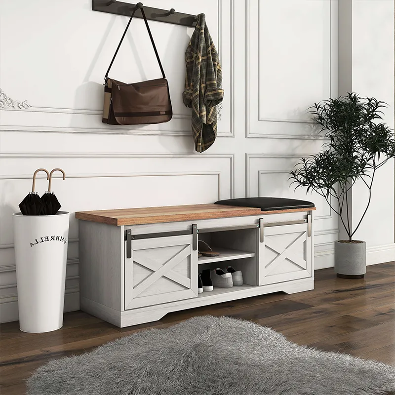 47" Modern Farmhouse Sliding Shoe Bench with Entry Cutout, Barn Door