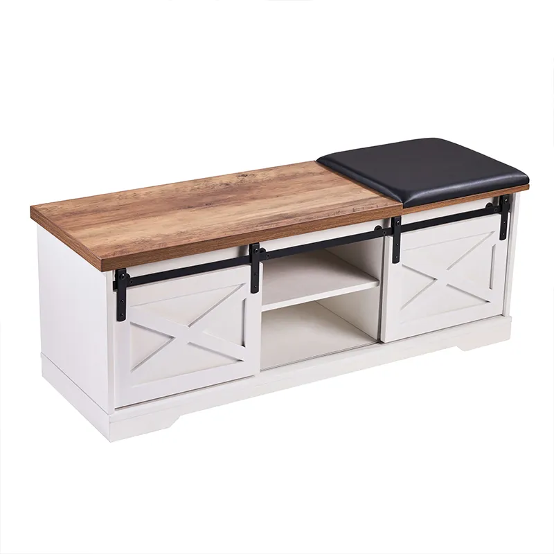 47" Modern Farmhouse Sliding Shoe Bench with Entry Cutout, Barn Door