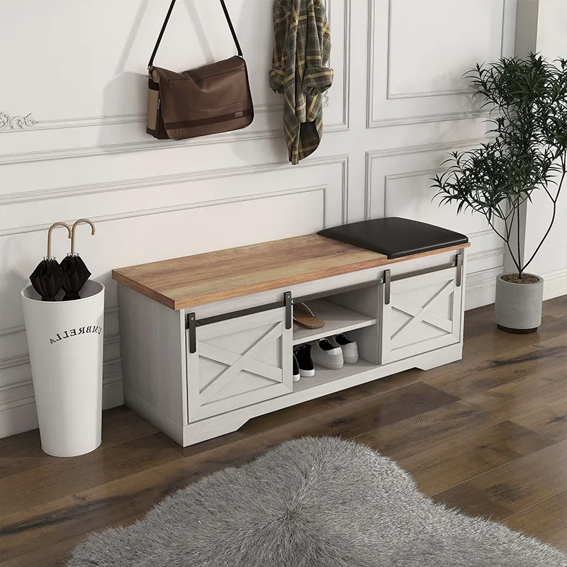 47" Modern Farmhouse Sliding Shoe Bench with Entry Cutout, Barn Door