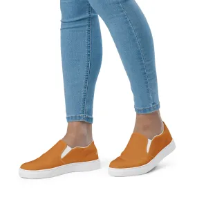 Brown Orange Women's Slip Ons, Solid Brown Colorful Orange Color Modern Minimalist Women’s Slip-On Canvas Shoes (US Size: 5-12)