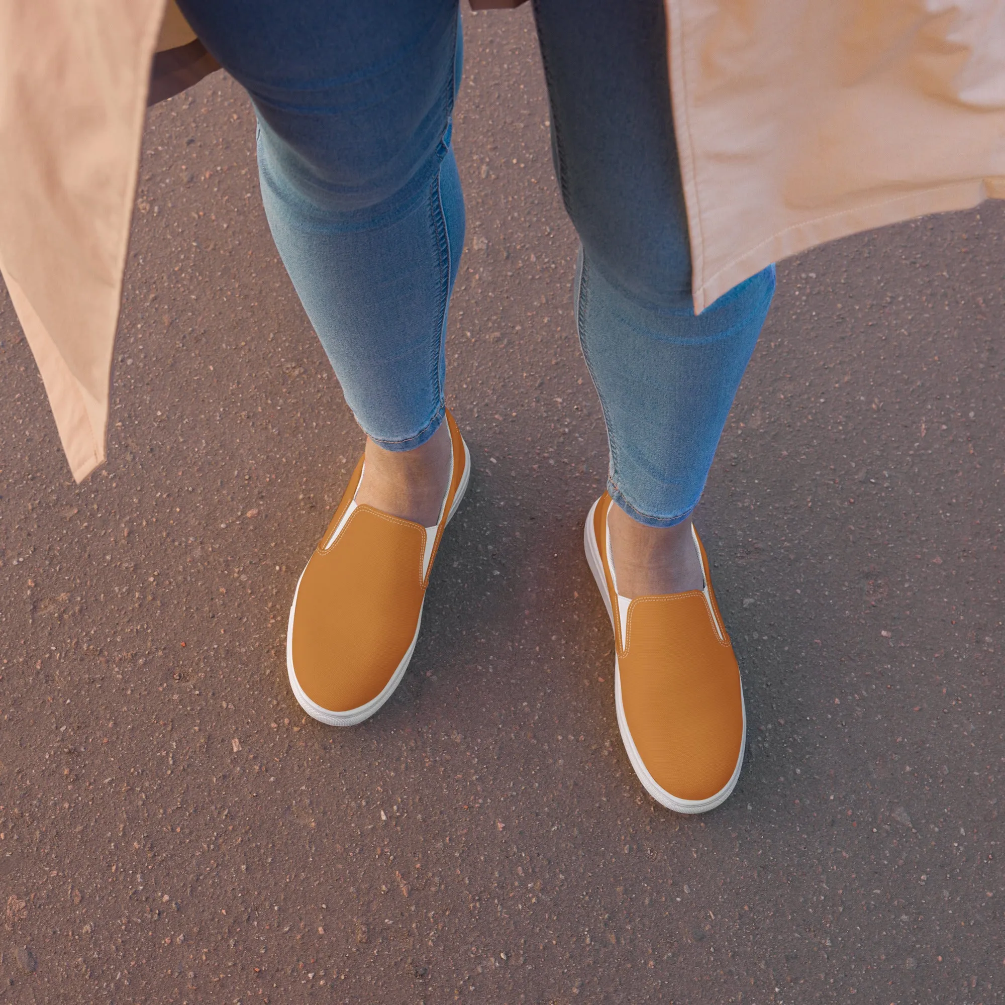 Brown Orange Women's Slip Ons, Solid Brown Colorful Orange Color Modern Minimalist Women’s Slip-On Canvas Shoes (US Size: 5-12)