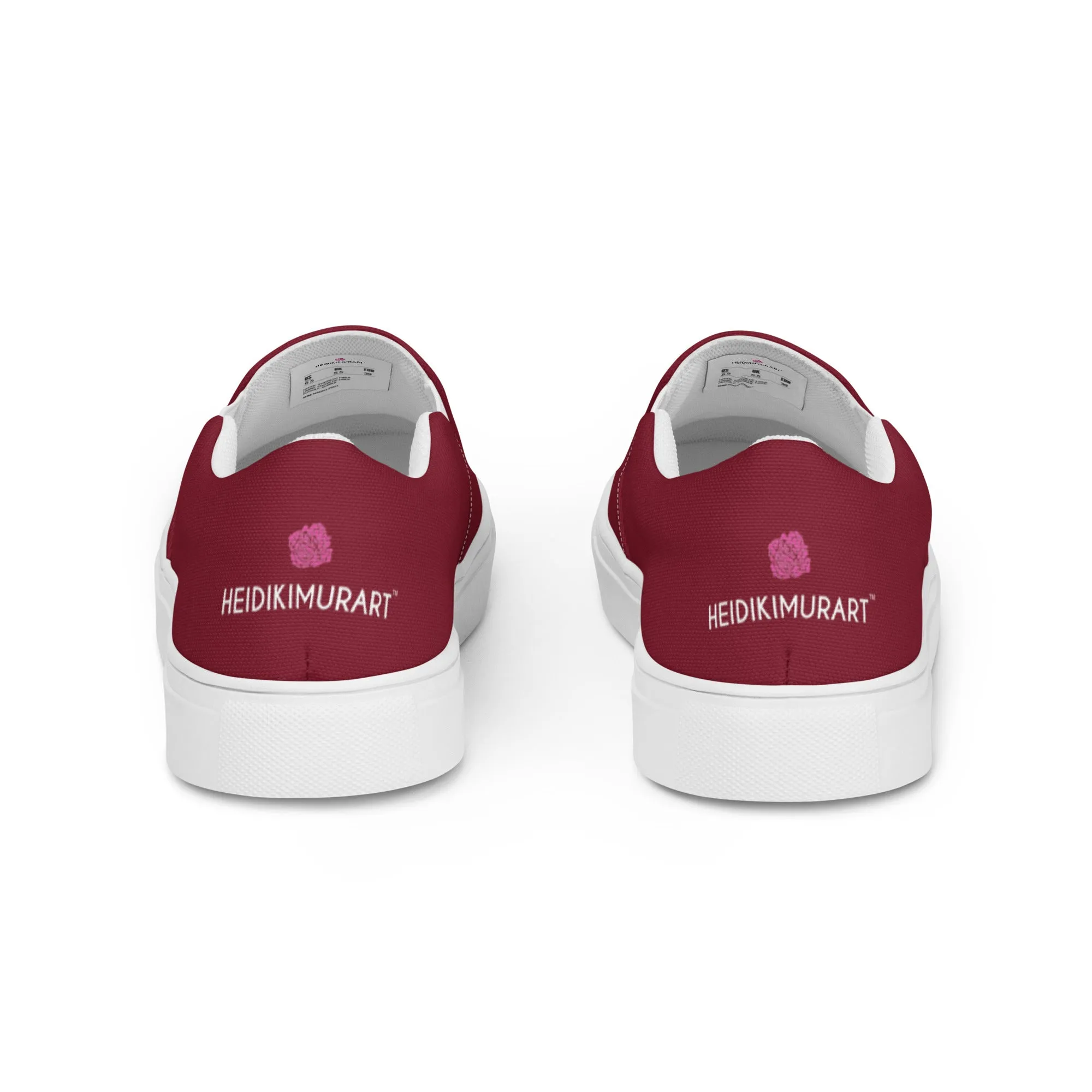 Burgundy Red Women's Slip Ons, Solid Colorful Dark Red Color Modern Minimalist Women’s Slip-On Canvas Shoes (US Size: 5-12)