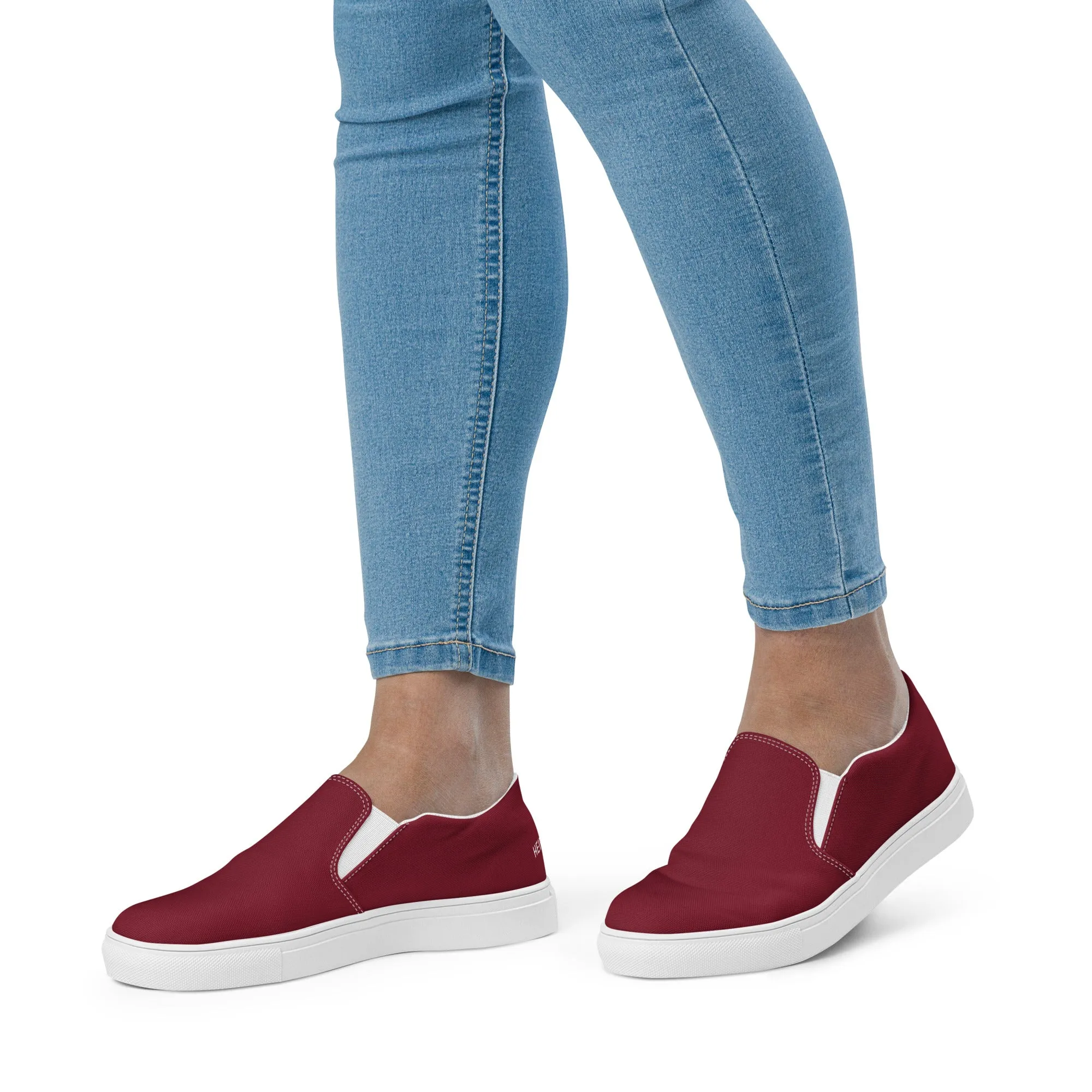 Burgundy Red Women's Slip Ons, Solid Colorful Dark Red Color Modern Minimalist Women’s Slip-On Canvas Shoes (US Size: 5-12)