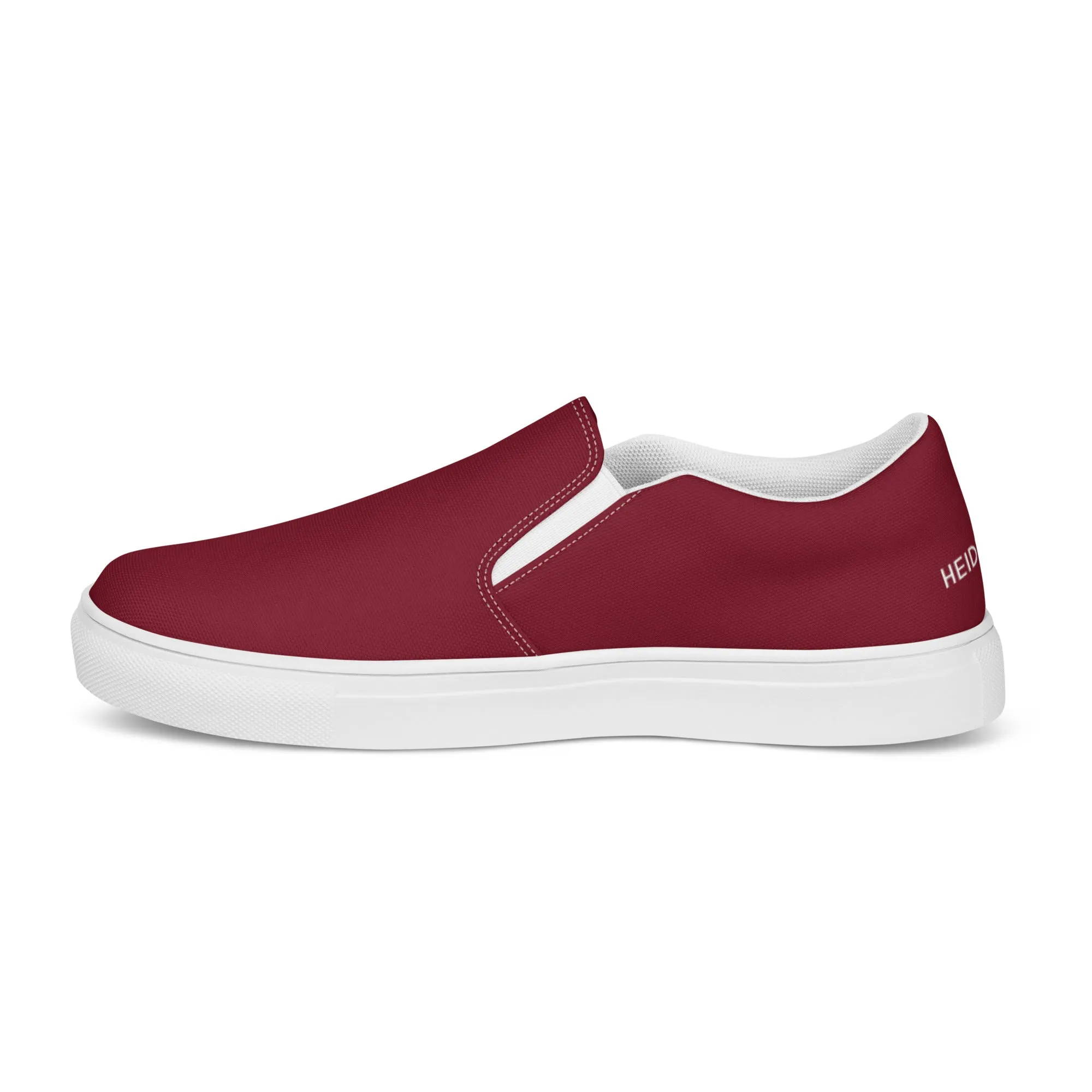 Burgundy Red Women's Slip Ons, Solid Colorful Dark Red Color Modern Minimalist Women’s Slip-On Canvas Shoes (US Size: 5-12)
