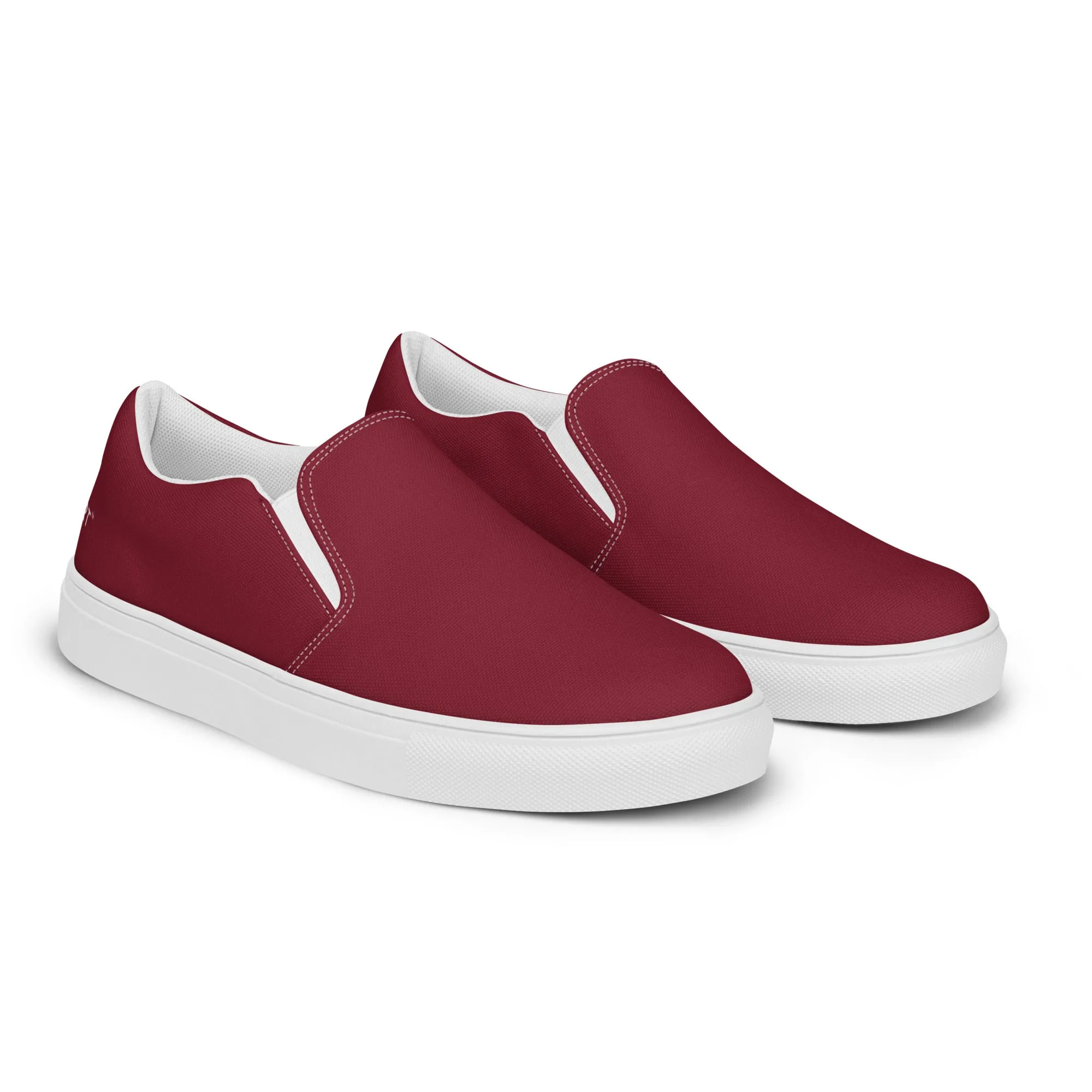 Burgundy Red Women's Slip Ons, Solid Colorful Dark Red Color Modern Minimalist Women’s Slip-On Canvas Shoes (US Size: 5-12)