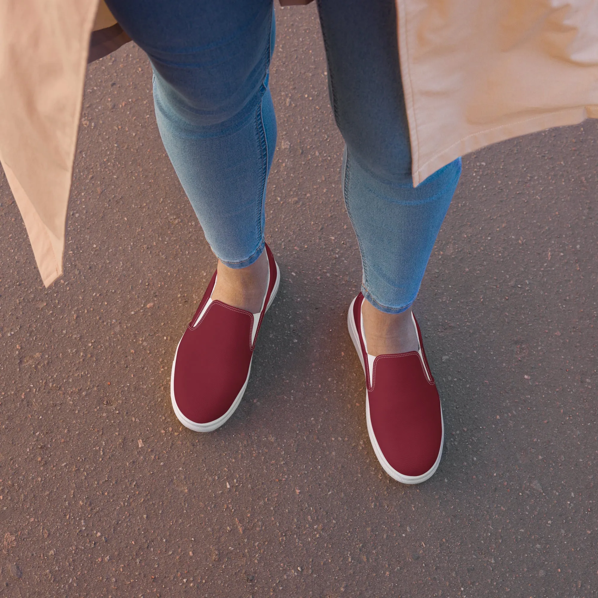 Burgundy Red Women's Slip Ons, Solid Colorful Dark Red Color Modern Minimalist Women’s Slip-On Canvas Shoes (US Size: 5-12)