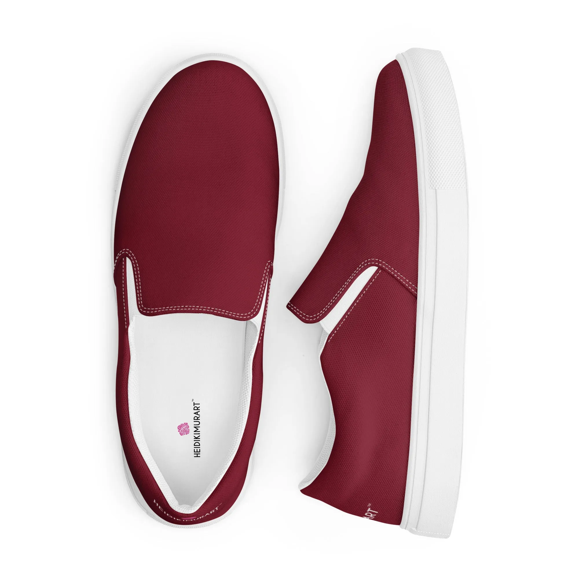 Burgundy Red Women's Slip Ons, Solid Colorful Dark Red Color Modern Minimalist Women’s Slip-On Canvas Shoes (US Size: 5-12)