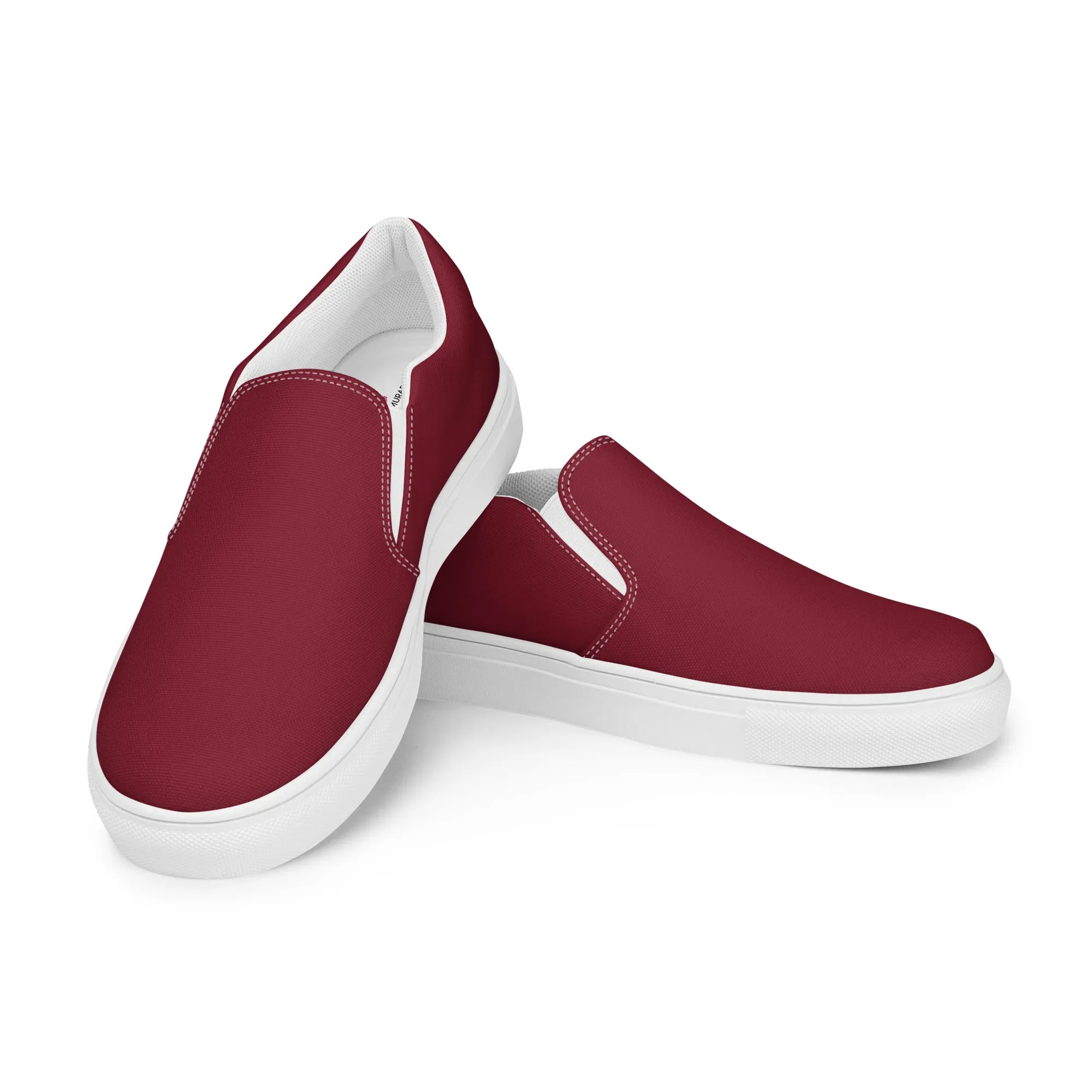Burgundy Red Women's Slip Ons, Solid Colorful Dark Red Color Modern Minimalist Women’s Slip-On Canvas Shoes (US Size: 5-12)