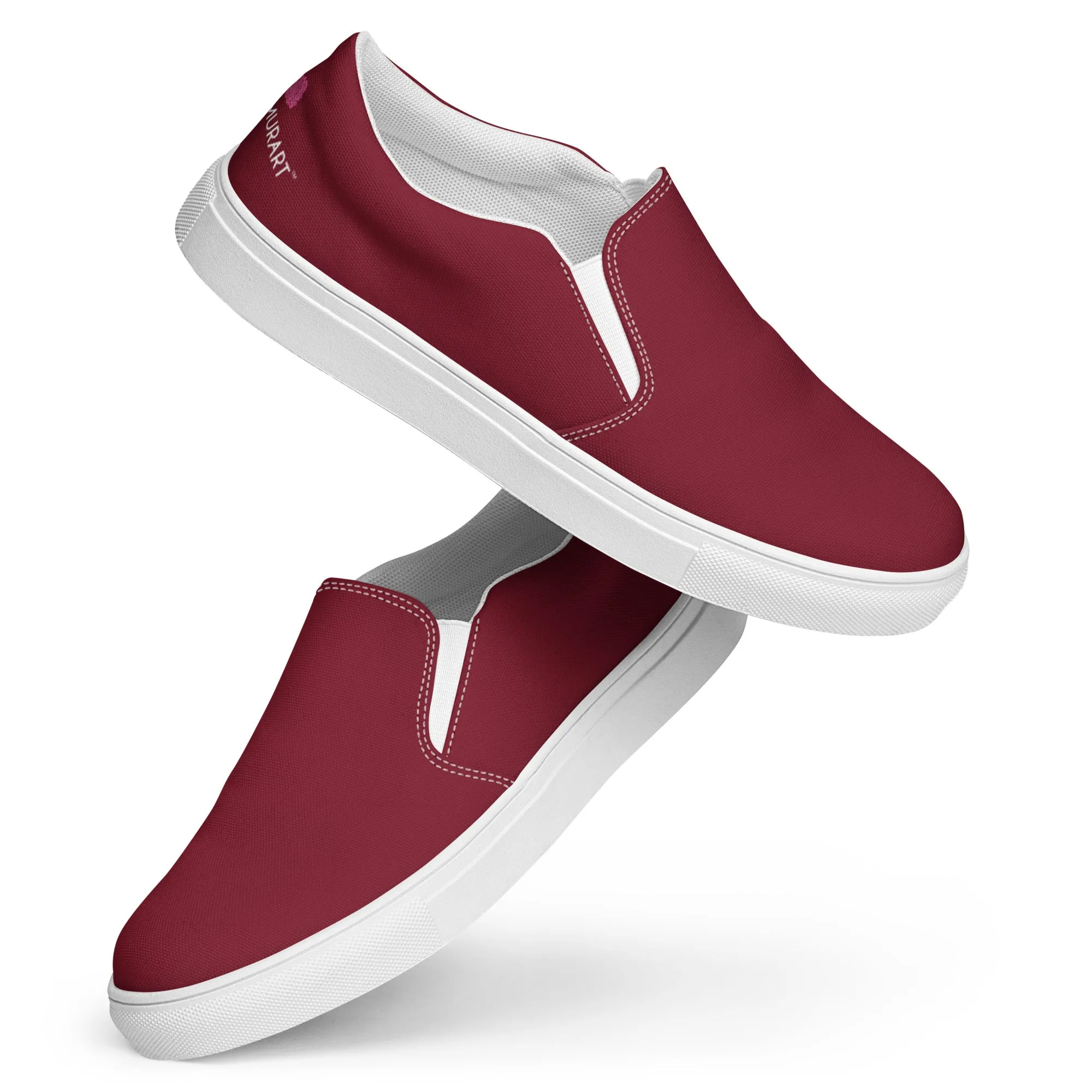 Burgundy Red Women's Slip Ons, Solid Colorful Dark Red Color Modern Minimalist Women’s Slip-On Canvas Shoes (US Size: 5-12)