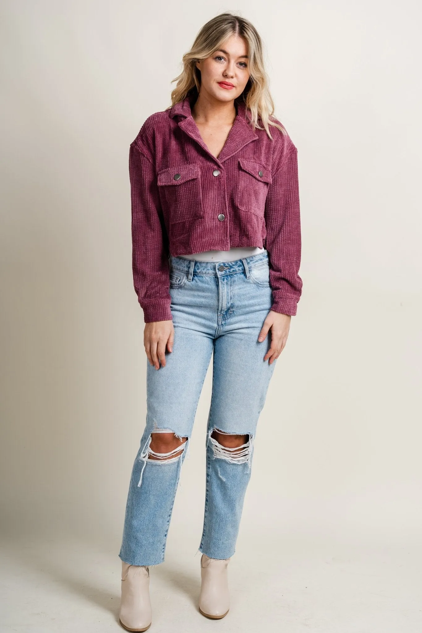 Corduroy crop button up top plum
