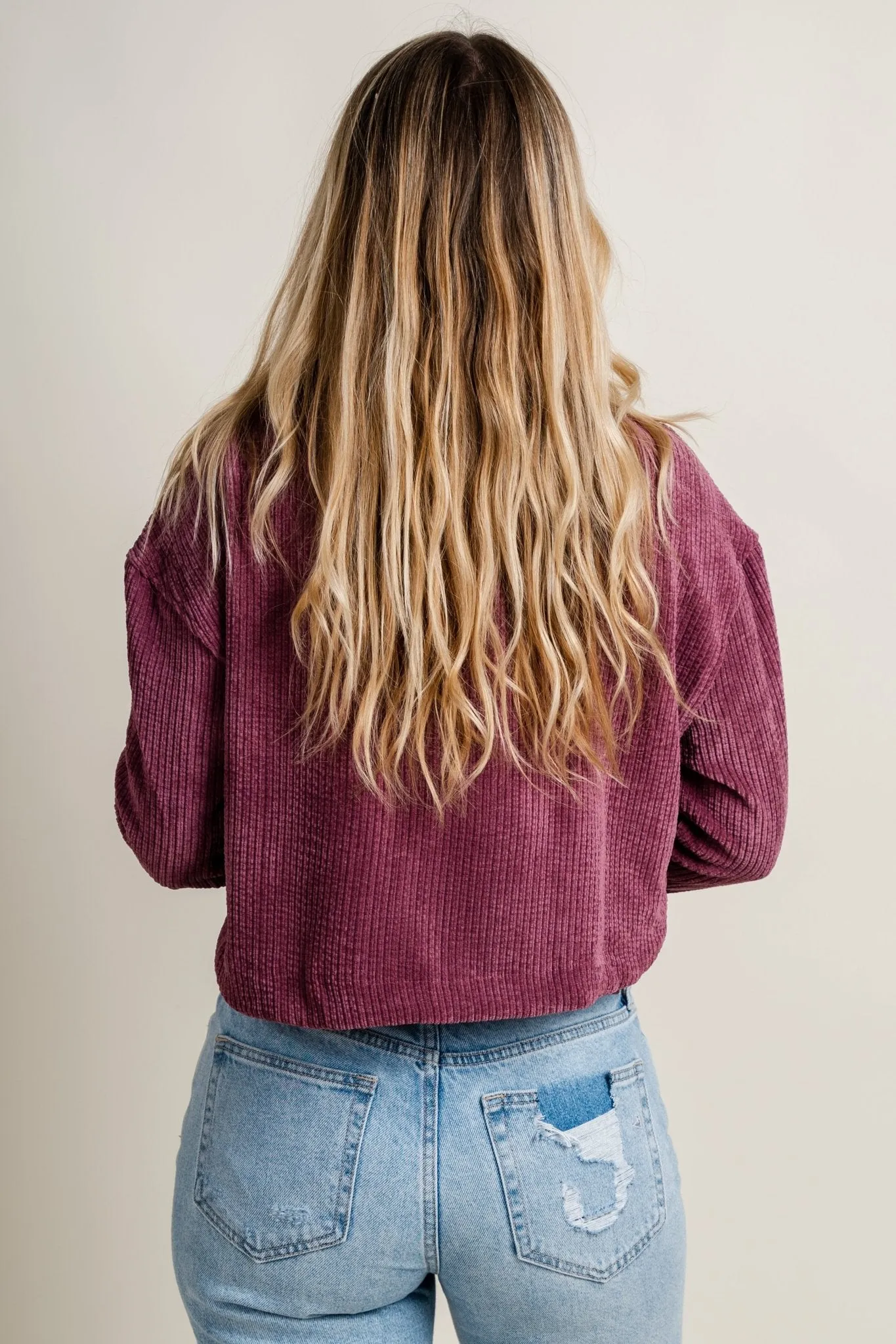 Corduroy crop button up top plum