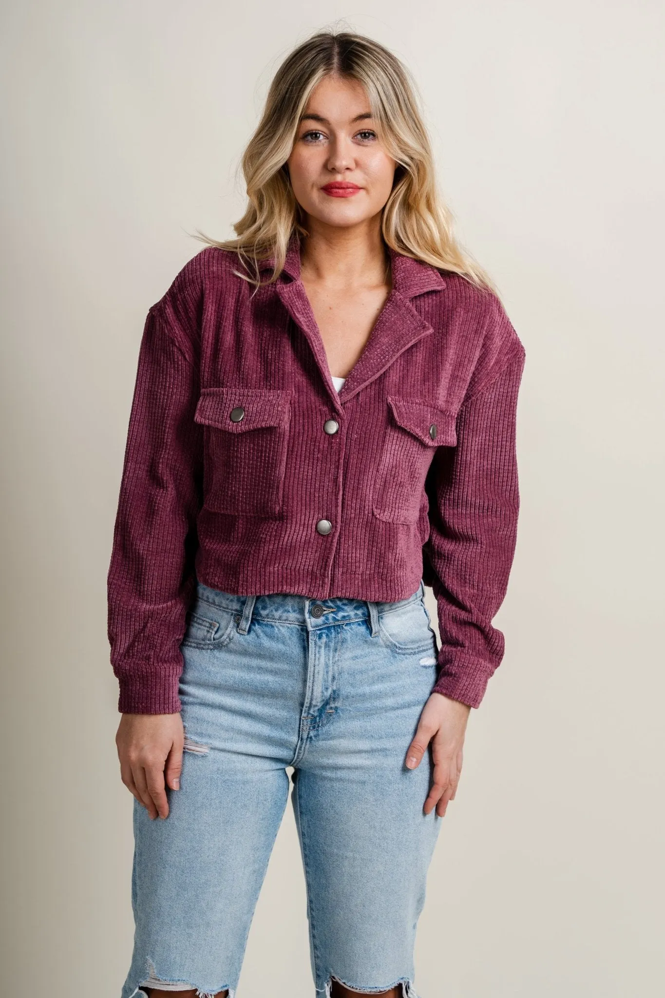 Corduroy crop button up top plum