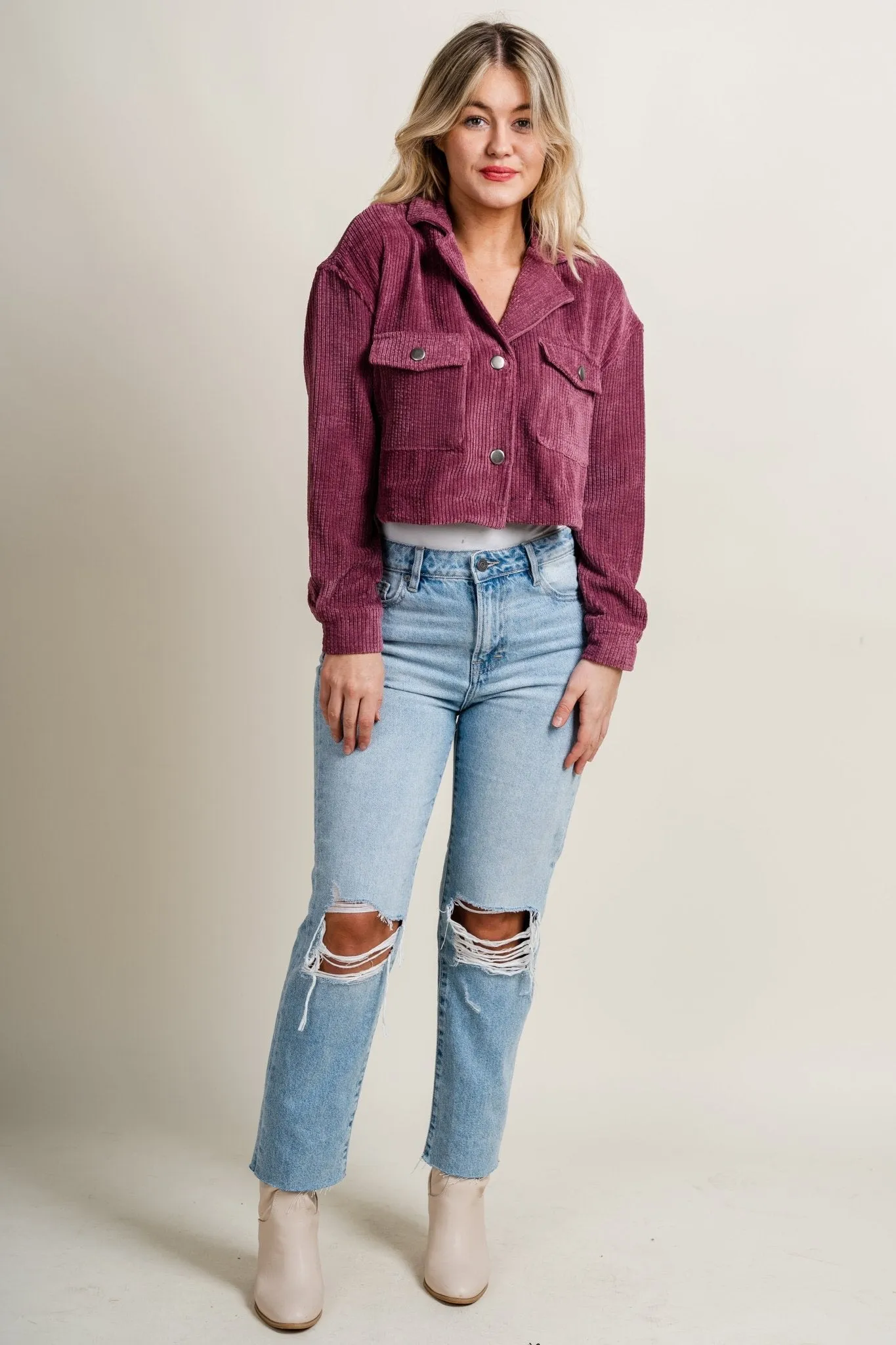 Corduroy crop button up top plum