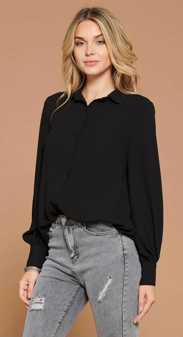 Cozy Button Down Balloon Sleeve Blouse