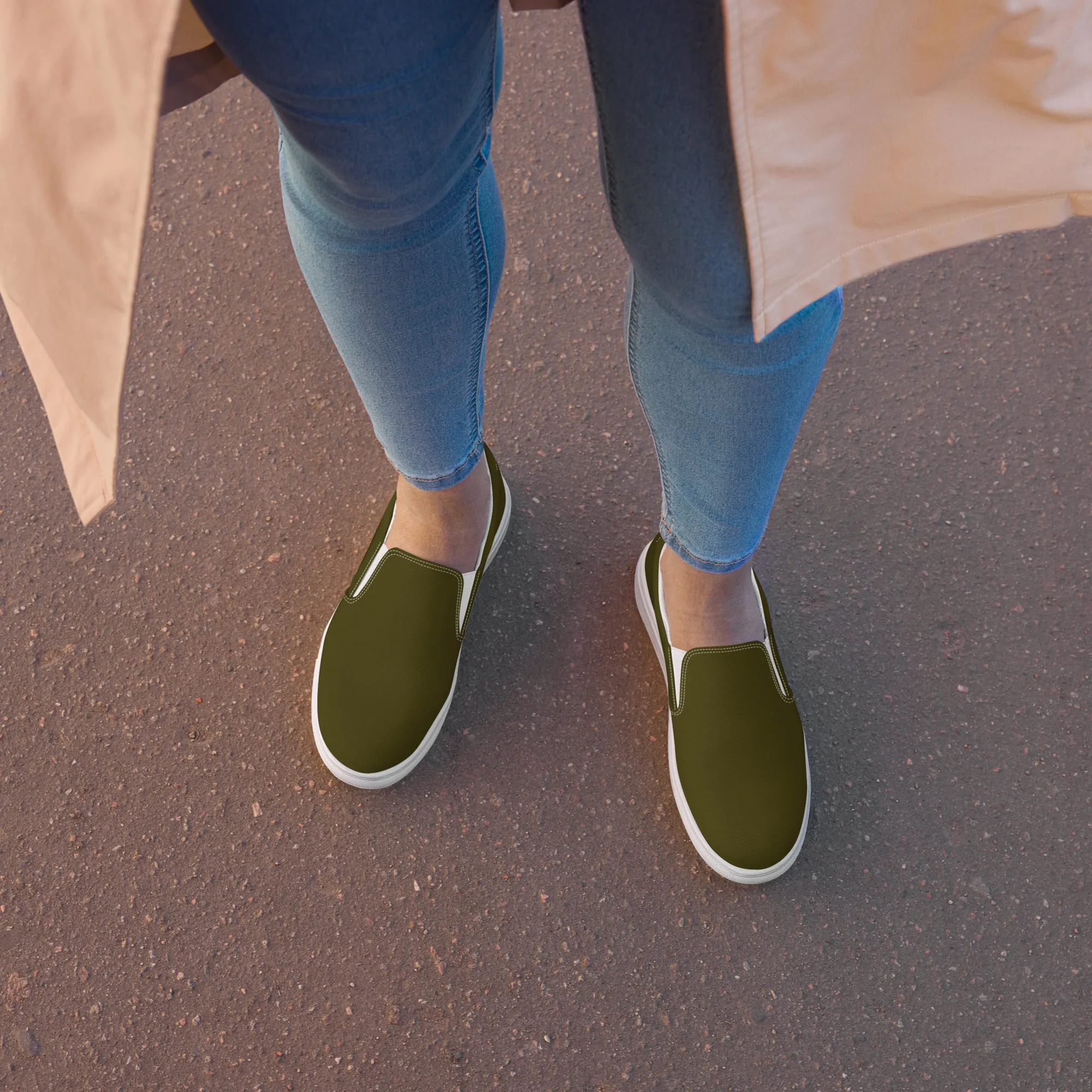 Dark Green Women's Slip Ons, Solid Dark Green Color Modern Minimalist Women’s Slip-On Canvas Shoes (US Size: 5-12)