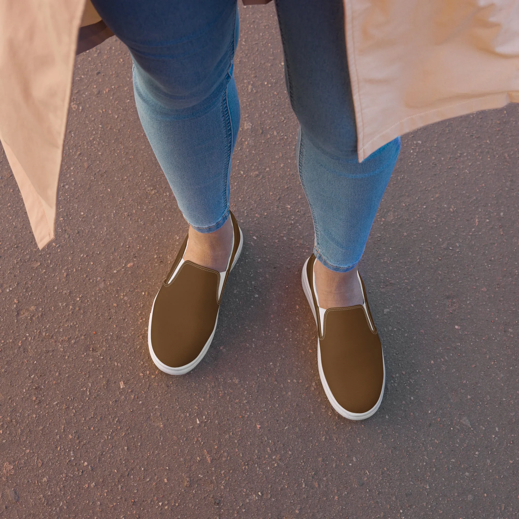 Earth Brown Women's Slip Ons, Solid Brown Color Modern Minimalist Women’s Slip-On Canvas Shoes (US Size: 5-12)