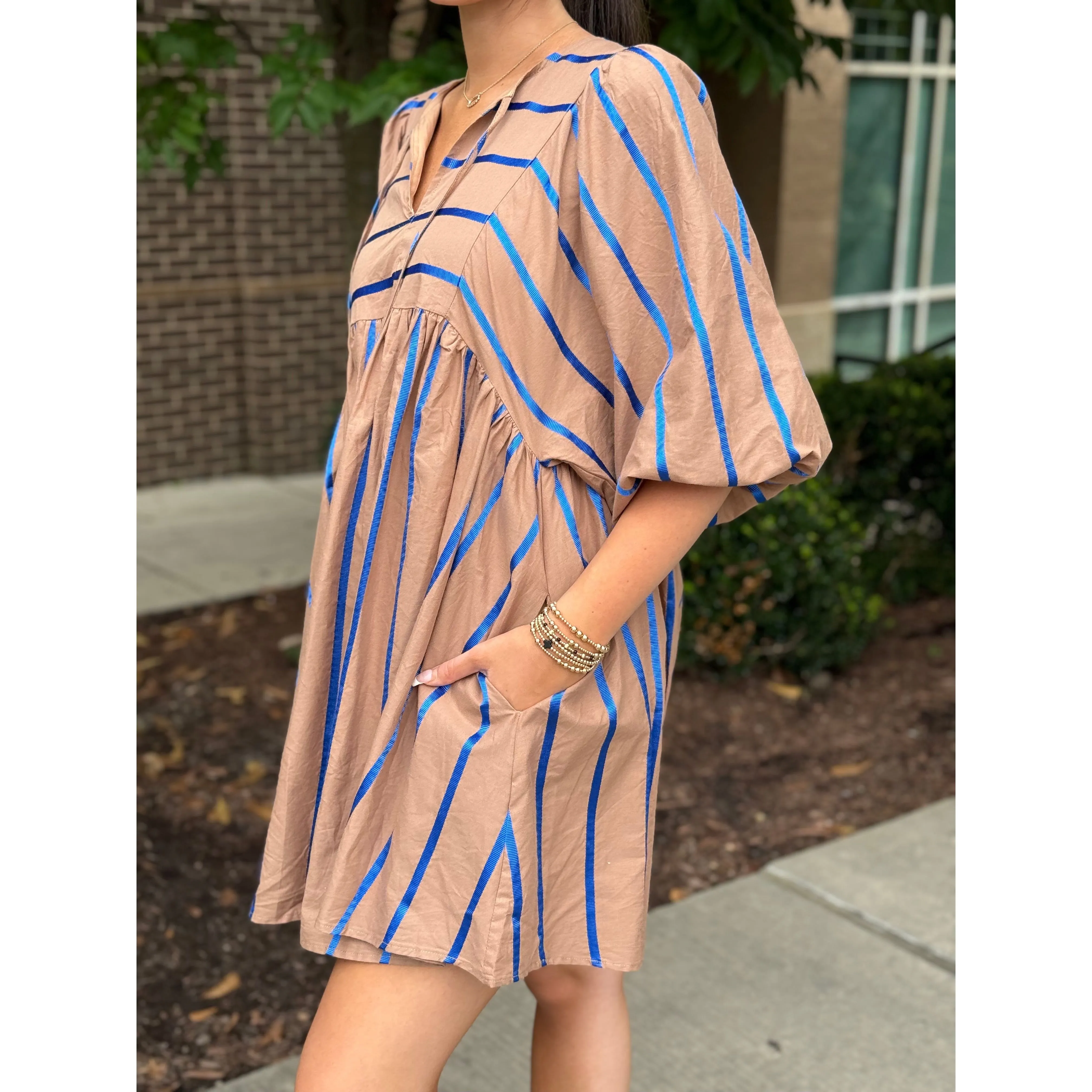 Elliot Stripe Print 3/4 Balloon Sleeve Mini Dress - Mocha/Royal Blue - FINAL SALE
