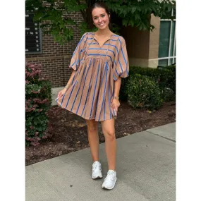 Elliot Stripe Print 3/4 Balloon Sleeve Mini Dress - Mocha/Royal Blue - FINAL SALE