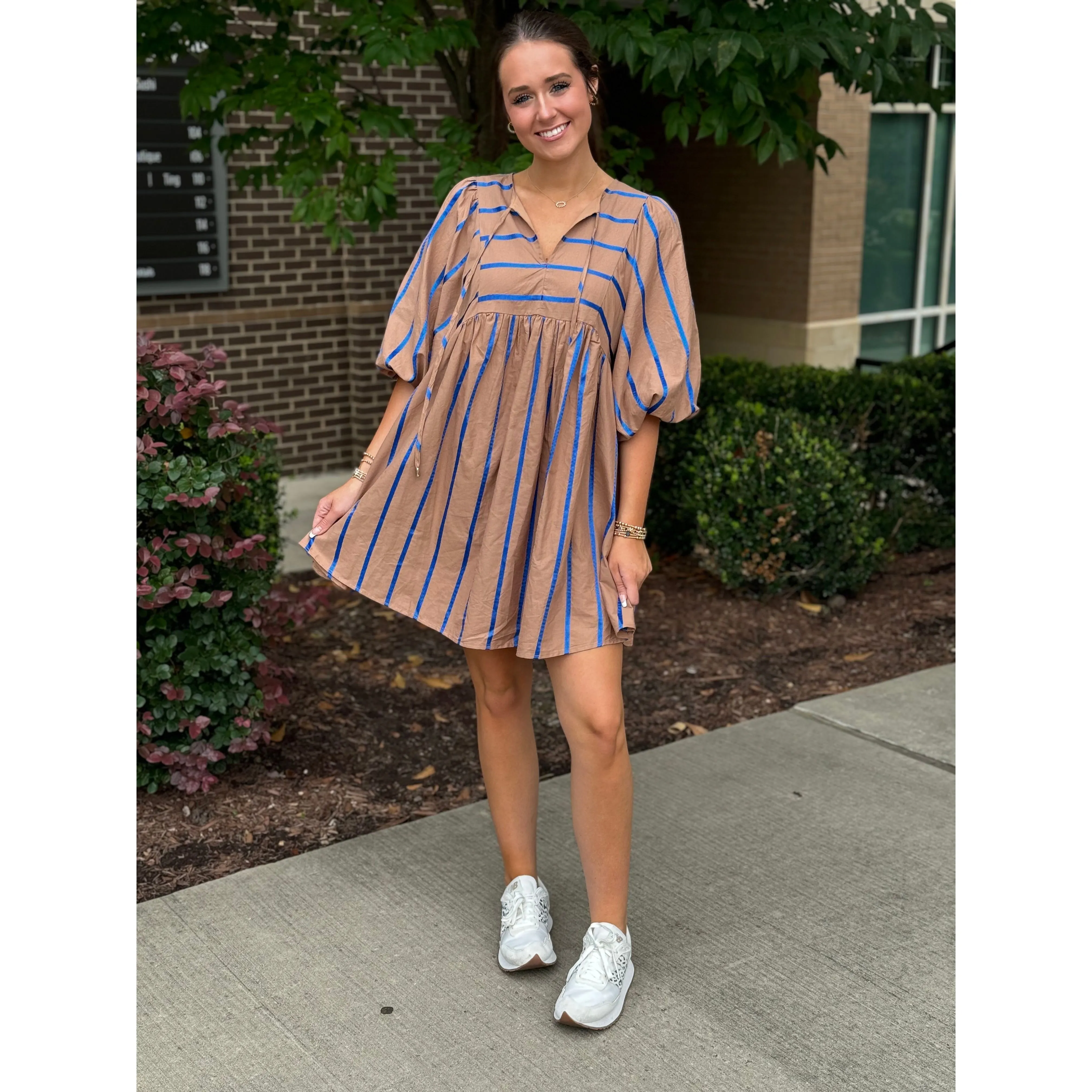 Elliot Stripe Print 3/4 Balloon Sleeve Mini Dress - Mocha/Royal Blue - FINAL SALE