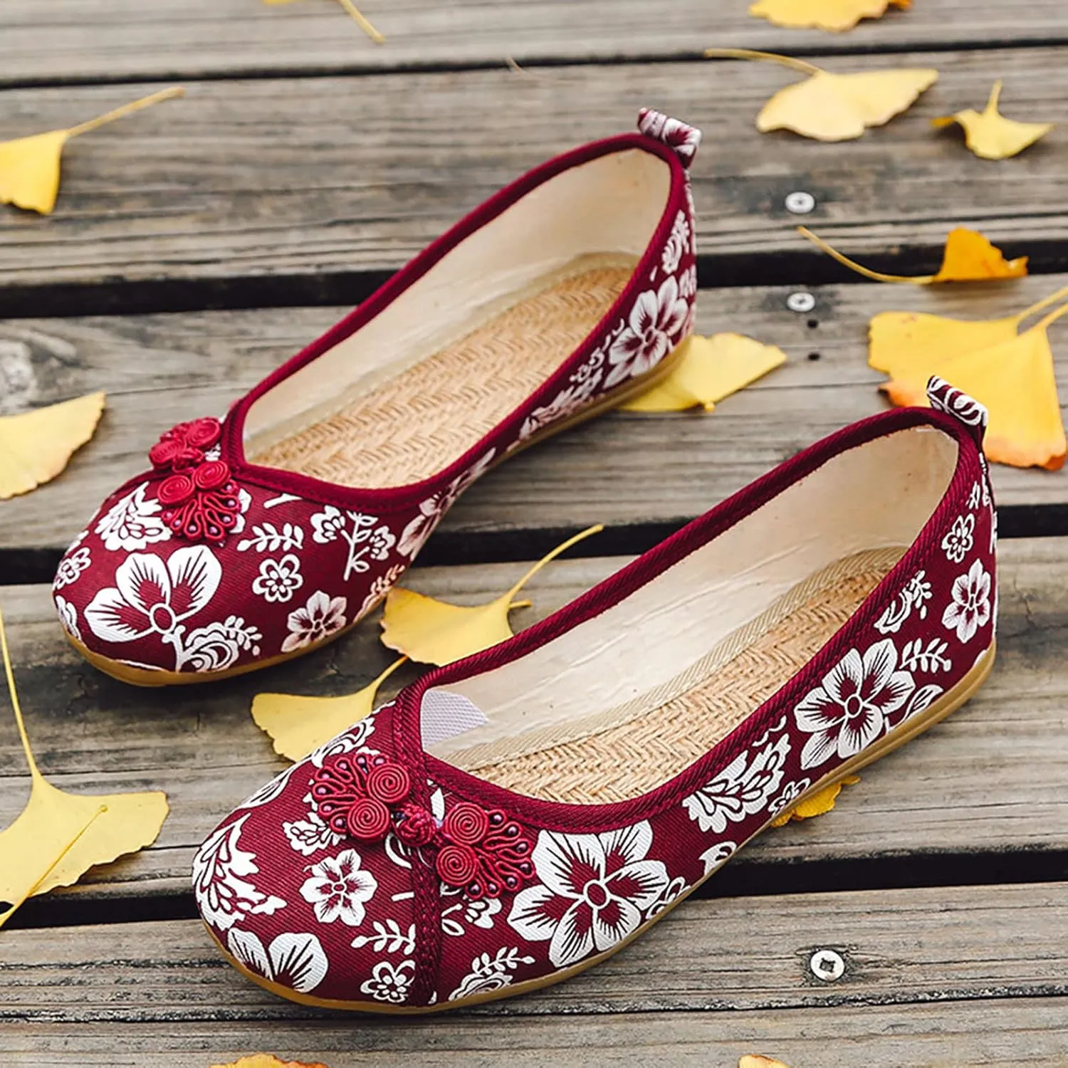 Hbeylia Retro Slip On Loafers for Women Ladies Fashion Casual Button Decor Floral Low Heels Breathable Cloth Dressy Mary Jane Shoes Comfort Ballet Flats Dress Shoes for Work Nurse