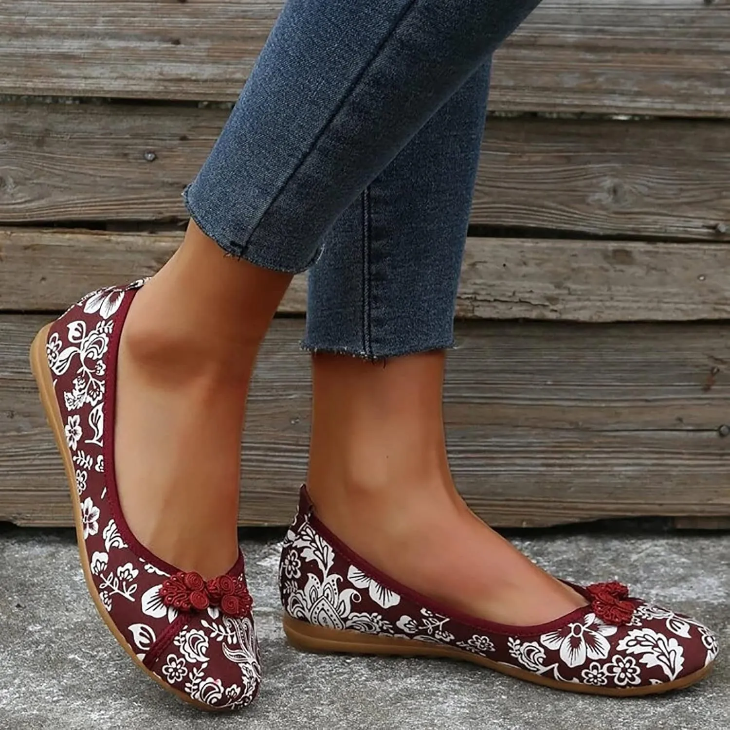 Hbeylia Retro Slip On Loafers for Women Ladies Fashion Casual Button Decor Floral Low Heels Breathable Cloth Dressy Mary Jane Shoes Comfort Ballet Flats Dress Shoes for Work Nurse