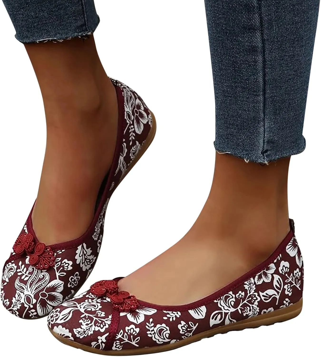 Hbeylia Retro Slip On Loafers for Women Ladies Fashion Casual Button Decor Floral Low Heels Breathable Cloth Dressy Mary Jane Shoes Comfort Ballet Flats Dress Shoes for Work Nurse