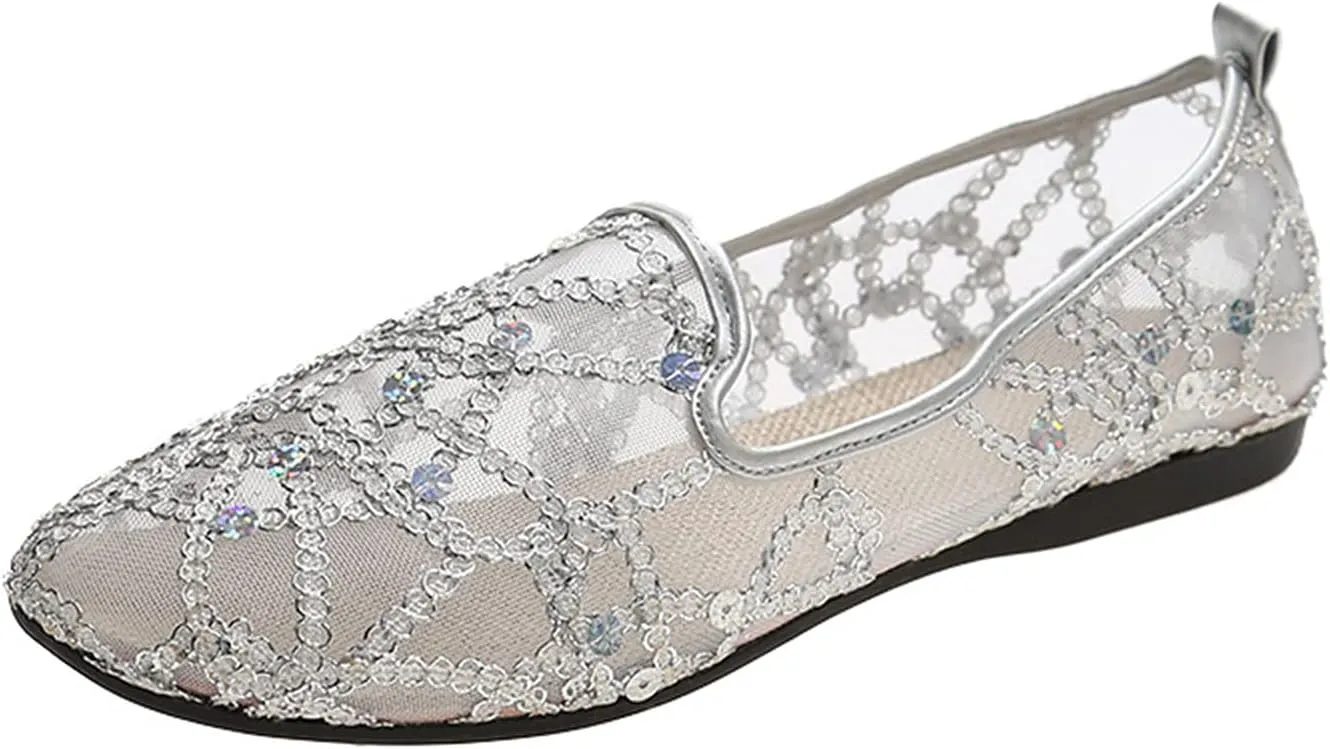 Hbeylia Women's Slip-On Ballet Flats Glitter Sequin Breathable Mesh Slip On Flats Loafers Round Toe Dress Shoes Walking Shoes for Women Ladies Girls (Silver, 9.5-10)
