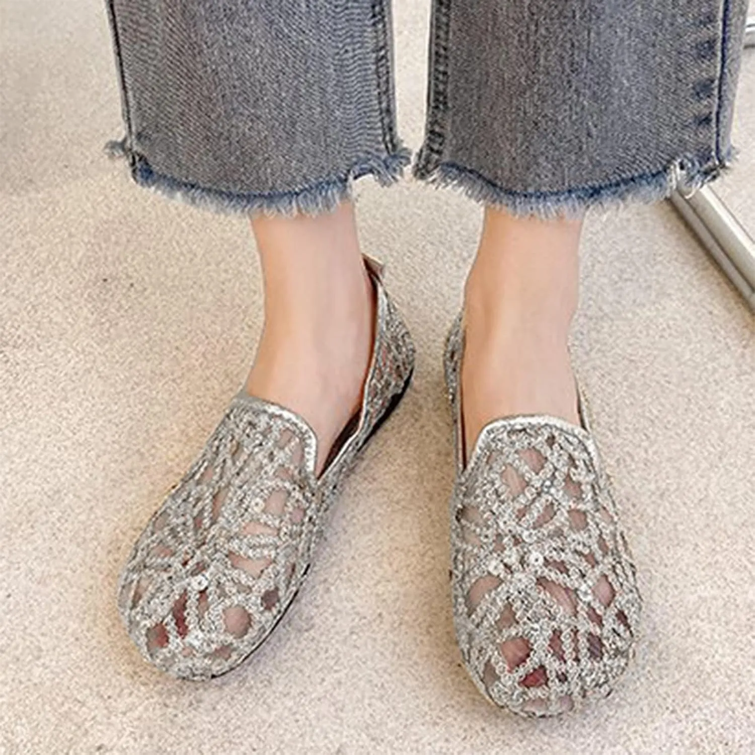 Hbeylia Women's Slip-On Ballet Flats Glitter Sequin Breathable Mesh Slip On Flats Loafers Round Toe Dress Shoes Walking Shoes for Women Ladies Girls (Silver, 9.5-10)