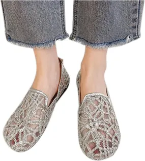 Hbeylia Women's Slip-On Ballet Flats Glitter Sequin Breathable Mesh Slip On Flats Loafers Round Toe Dress Shoes Walking Shoes for Women Ladies Girls (Silver, 9.5-10)