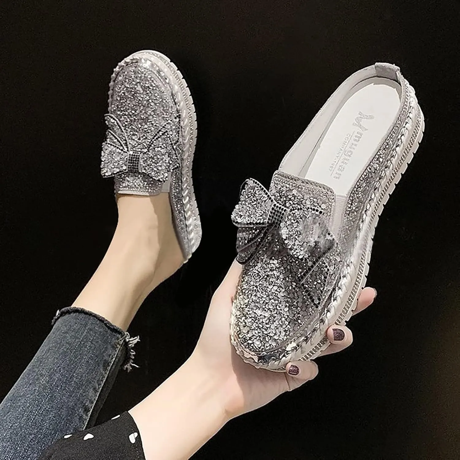 Hbeylia Women's Slip On Mule Sneakers Fashion Sequin Rhinestones Bowknot Design Platform Wedge Breathable Slippers Hiking Work Nurse Shoes Chunky Flat Heels Sliders Walking Shoes