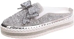 Hbeylia Women's Slip On Mule Sneakers Fashion Sequin Rhinestones Bowknot Design Platform Wedge Breathable Slippers Hiking Work Nurse Shoes Chunky Flat Heels Sliders Walking Shoes