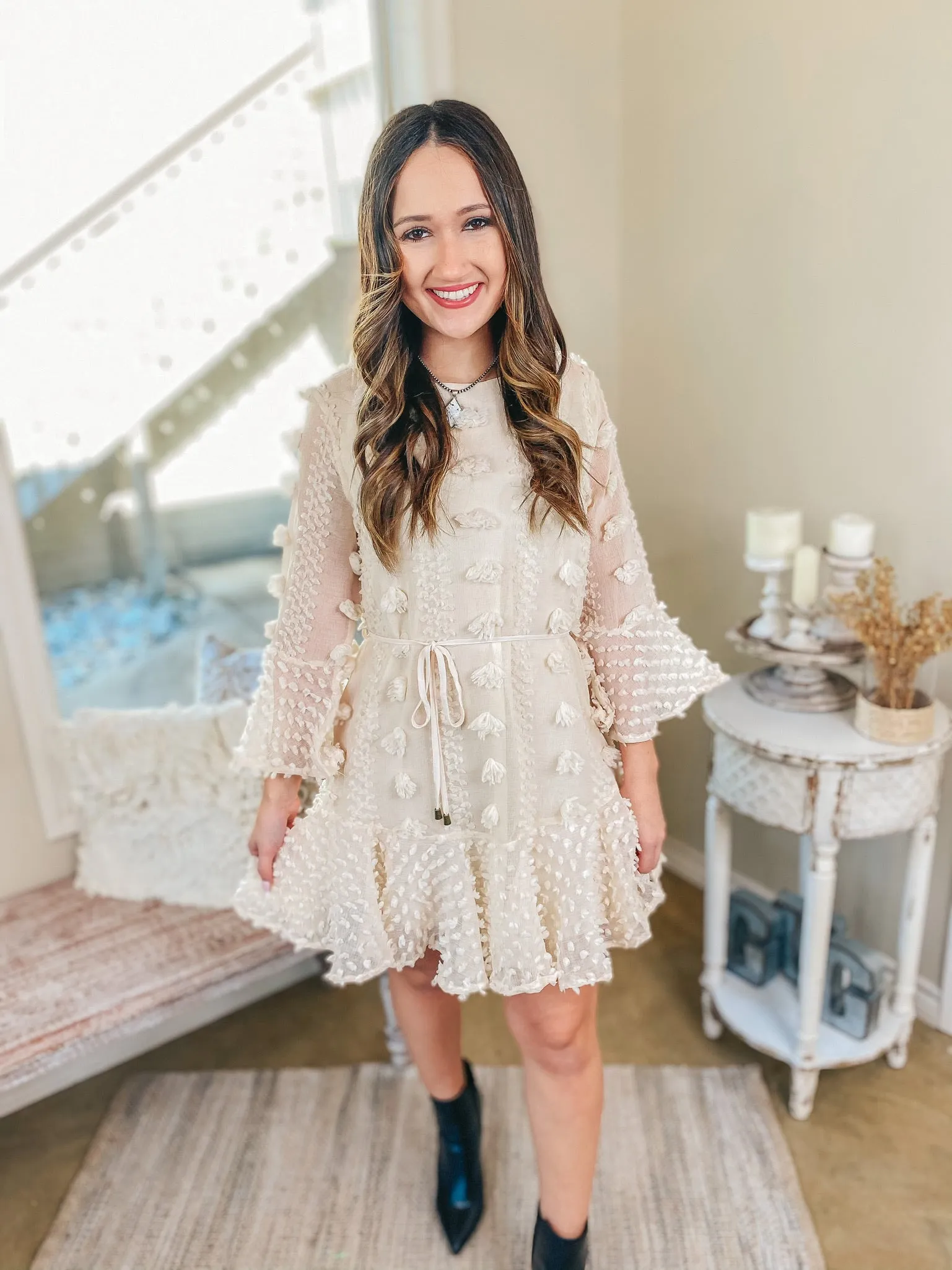 Last Chance Size Small | Champagne Brunch 3/4 Sleeve Waist Tie Pom Dress in Ivory