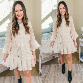 Last Chance Size Small | Champagne Brunch 3/4 Sleeve Waist Tie Pom Dress in Ivory