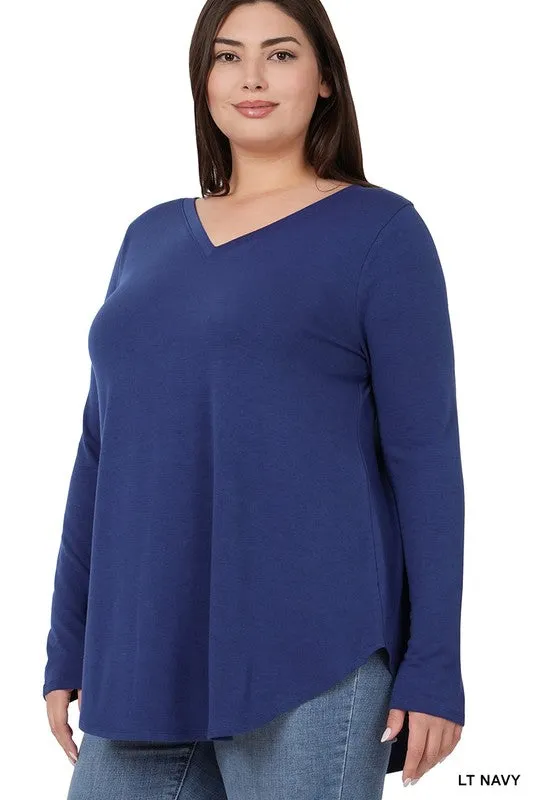 Light Navy Plus V-Neck Long Sleeve Top