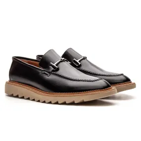 Luxury Men's Black Leather Loafers with Silver Buckle