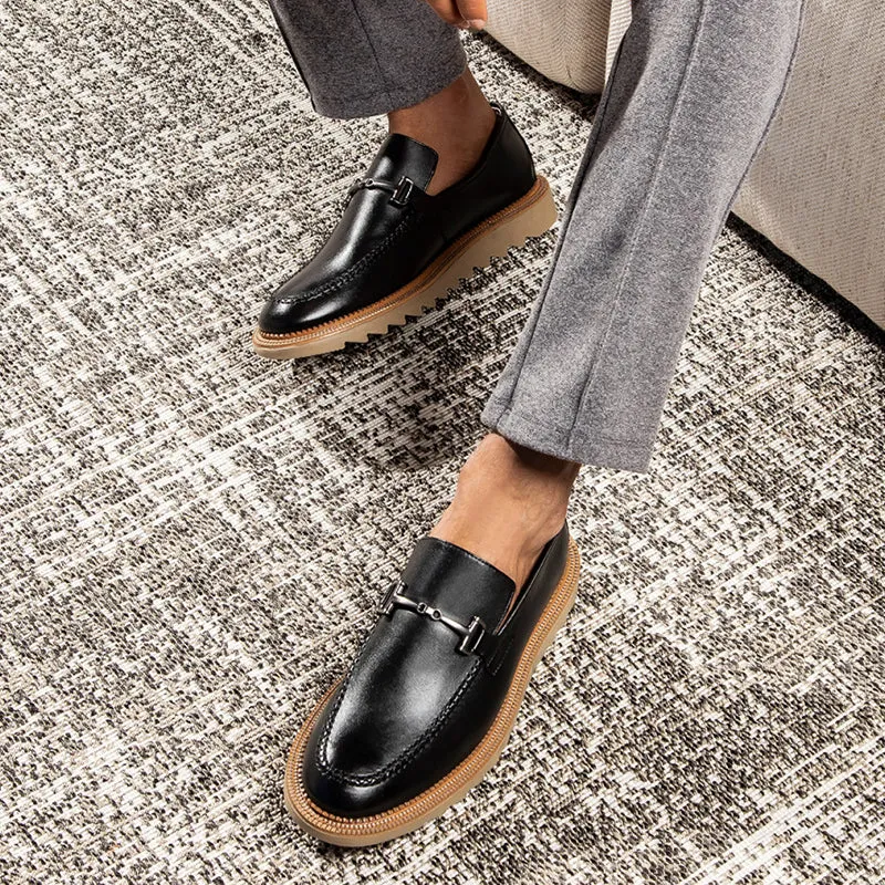 Luxury Men's Black Leather Loafers with Silver Buckle