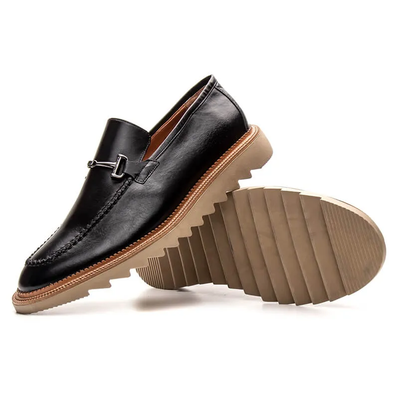 Luxury Men's Black Leather Loafers with Silver Buckle