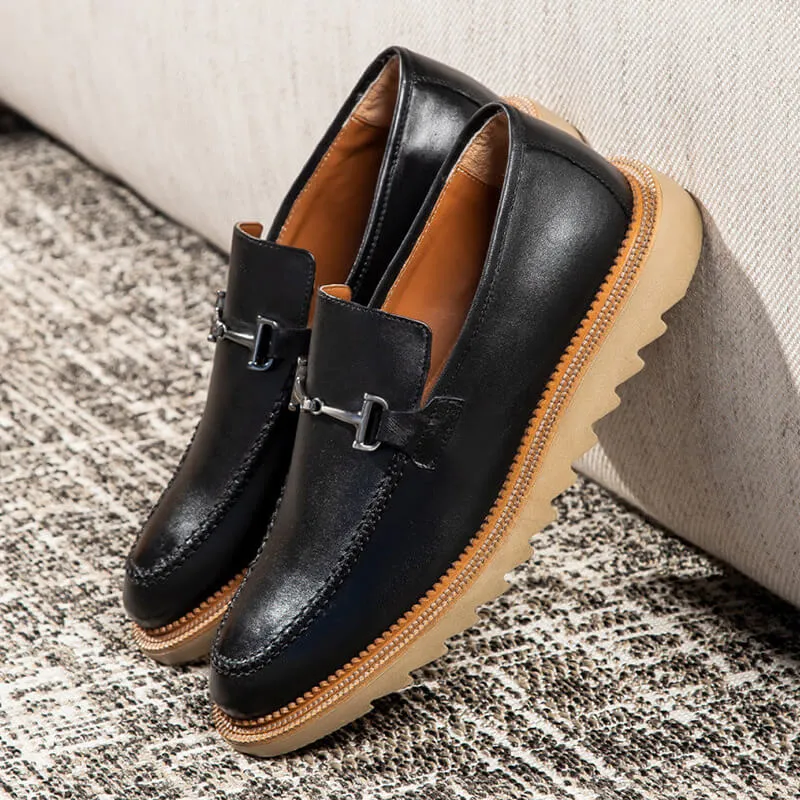 Luxury Men's Black Leather Loafers with Silver Buckle