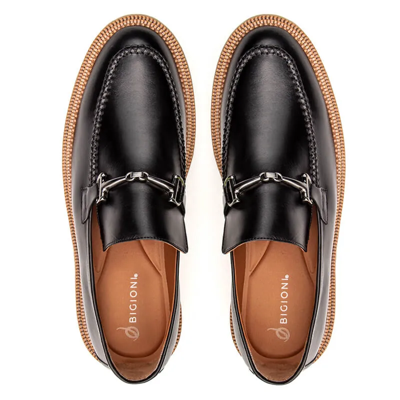 Luxury Men's Black Leather Loafers with Silver Buckle