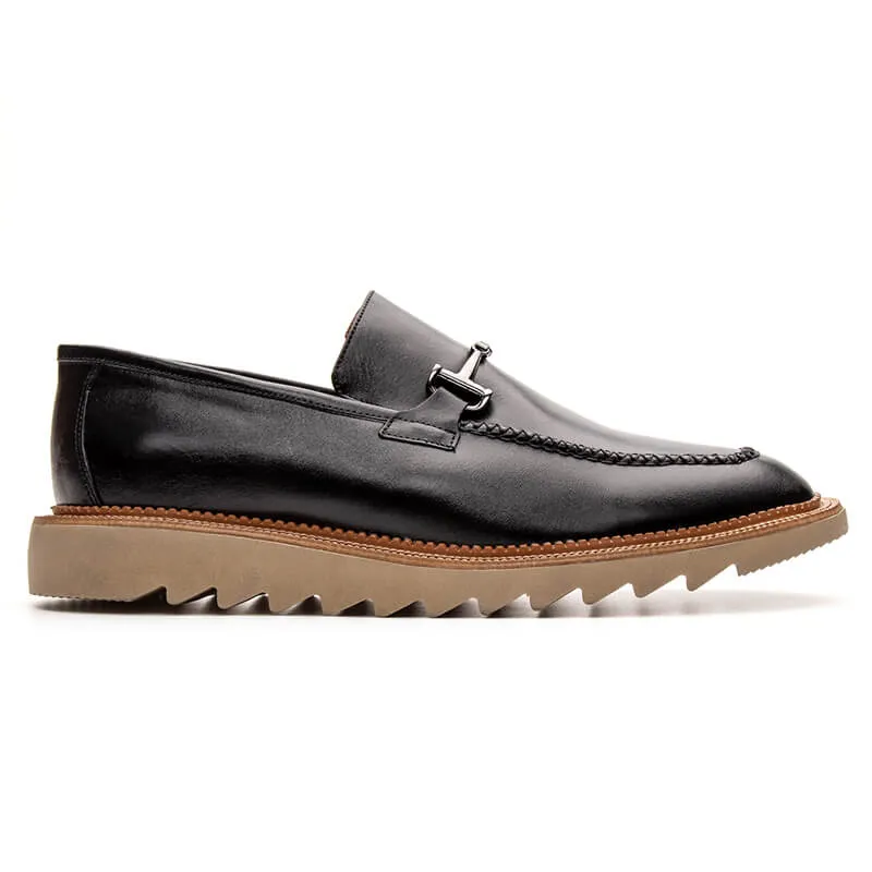 Luxury Men's Black Leather Loafers with Silver Buckle