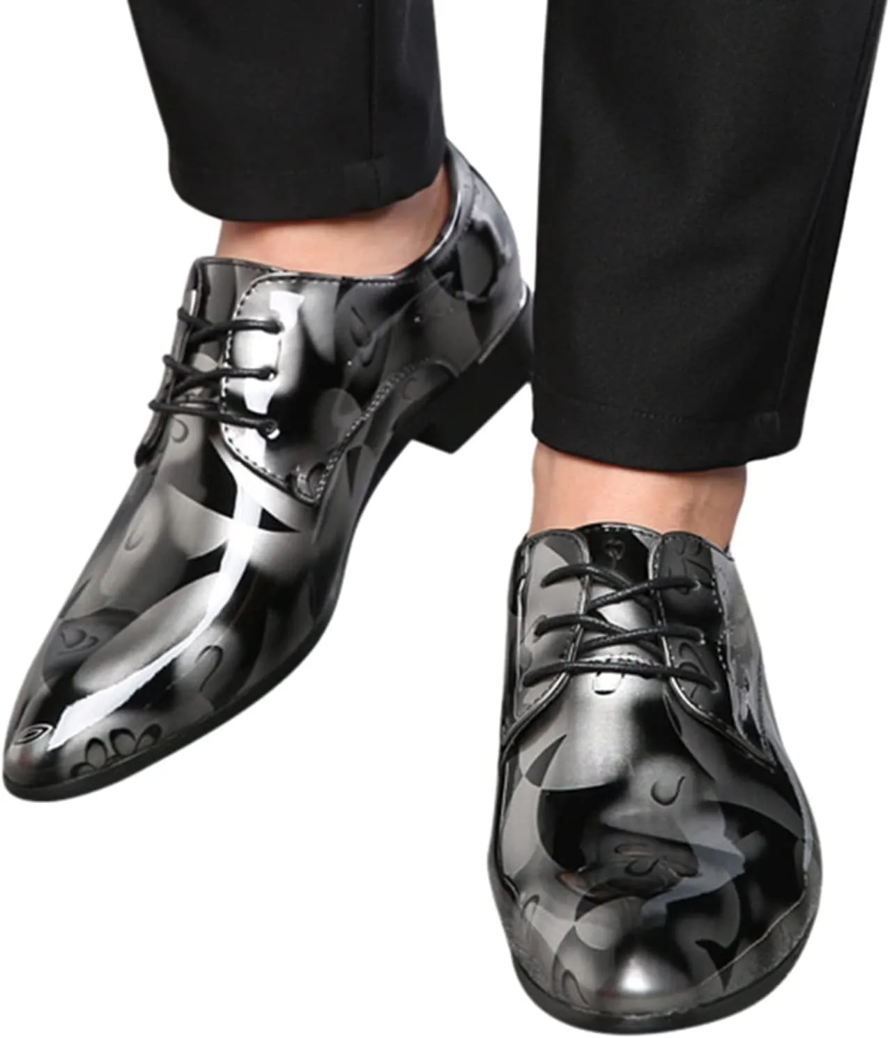 Men Fashion Dress Business Shoe Lace Up Slip On Walking Shoes Pointed Toe Floral Print Leather Low Heel Oxford Sneaker